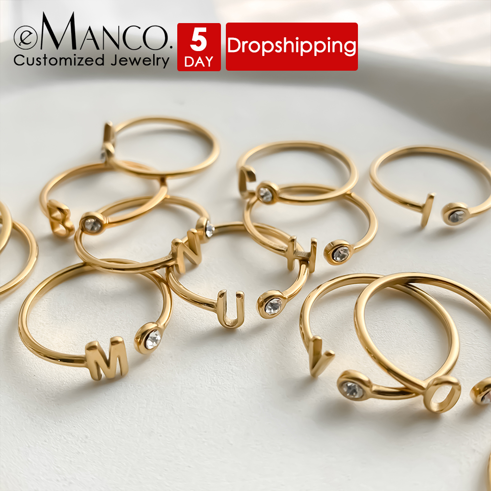 Wedding Zone - EMANCO แหวนปลายเปิดแบบสั่งทำพิเศษ แหวนประดับอักษรย่อพร้อมพลอยประจำเดือนเกิดหลากสี ทำจากสแตนเลสชุบทอง เครื่องประดับของขวัญสำหรับวันหยุด