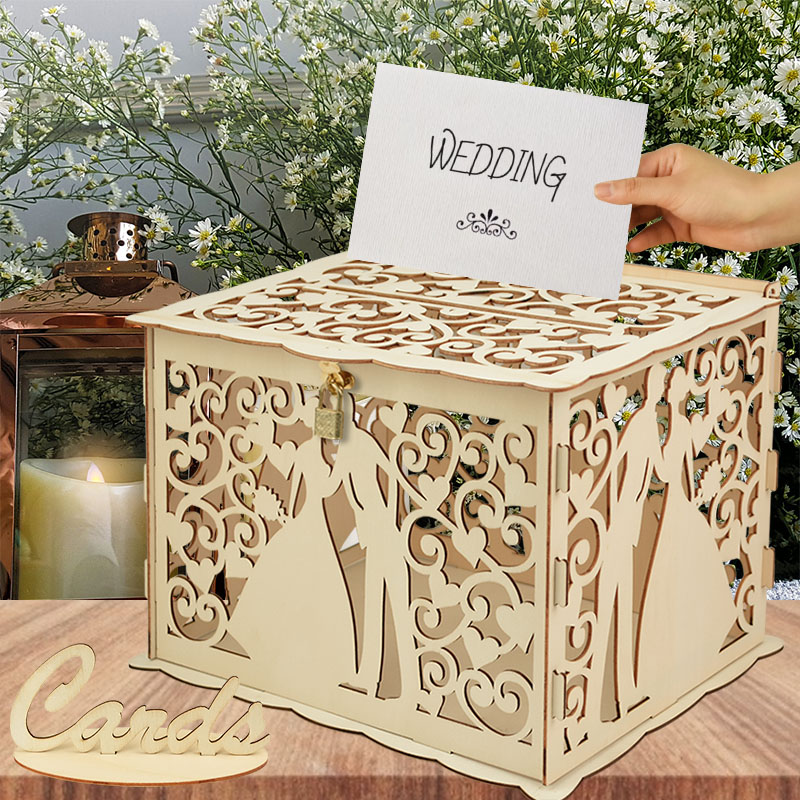 Wedding Supply Rentals - งานแต่งงานของขวัญไม้กล่องการ์ดล็อค Hollow Mr & Mrs ดอกไม้รูปแบบซองจดหมายป้ายการ์ดกล่องไม้